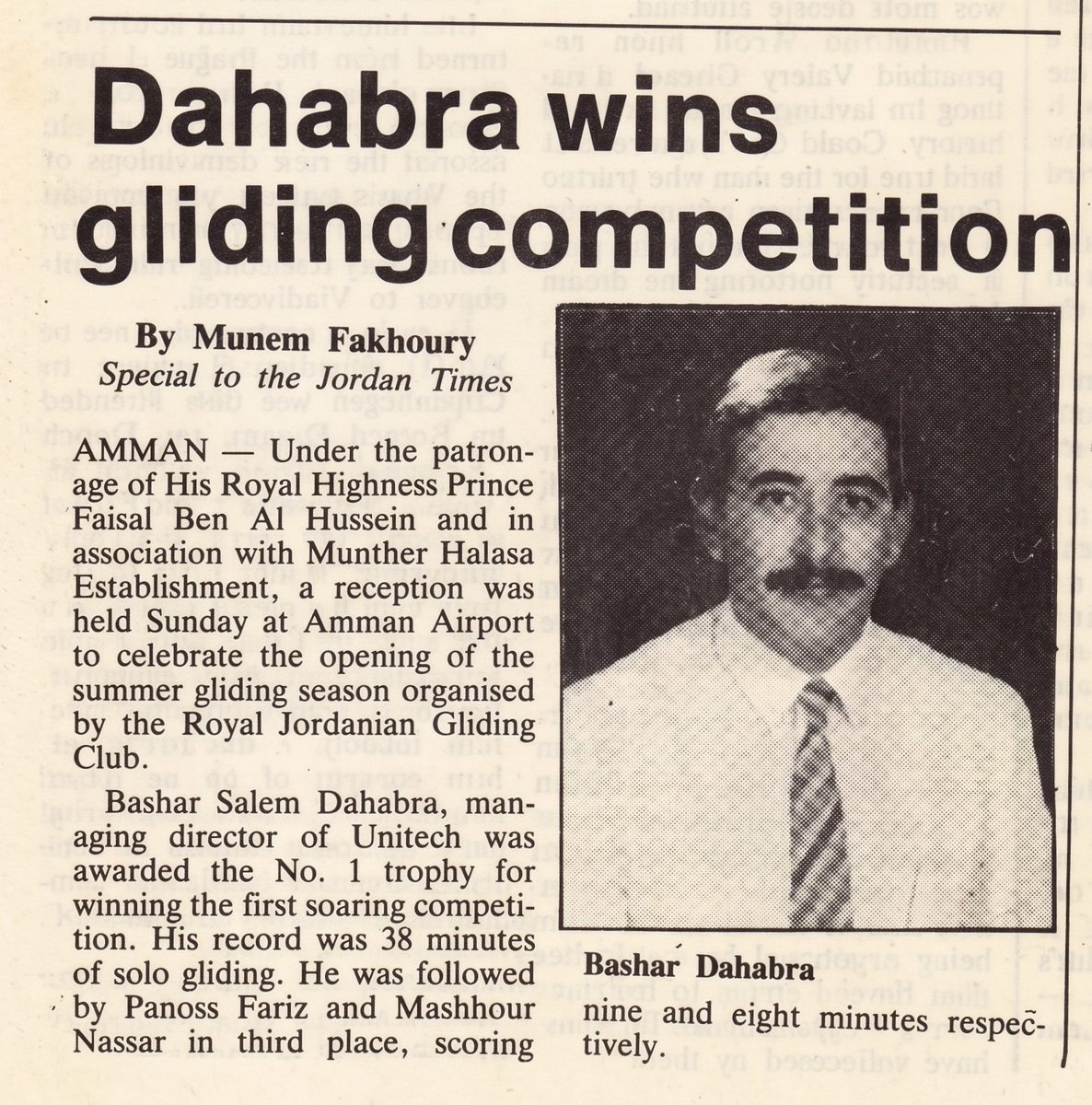 Jordan Times article headlined Dahabra wins gliding competition